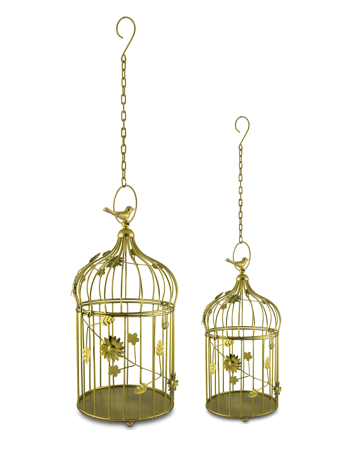 Set of 2 Modern Style Iron Decorative White Bird Cage with Hanging Chain Tabletop or Hanging Tealight Holder Candle Holder with Cork String Light