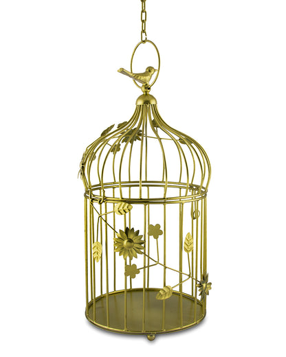 Set of 2 Modern Style Iron Decorative White Bird Cage with Hanging Chain Tabletop or Hanging Tealight Holder Candle Holder with Cork String Light