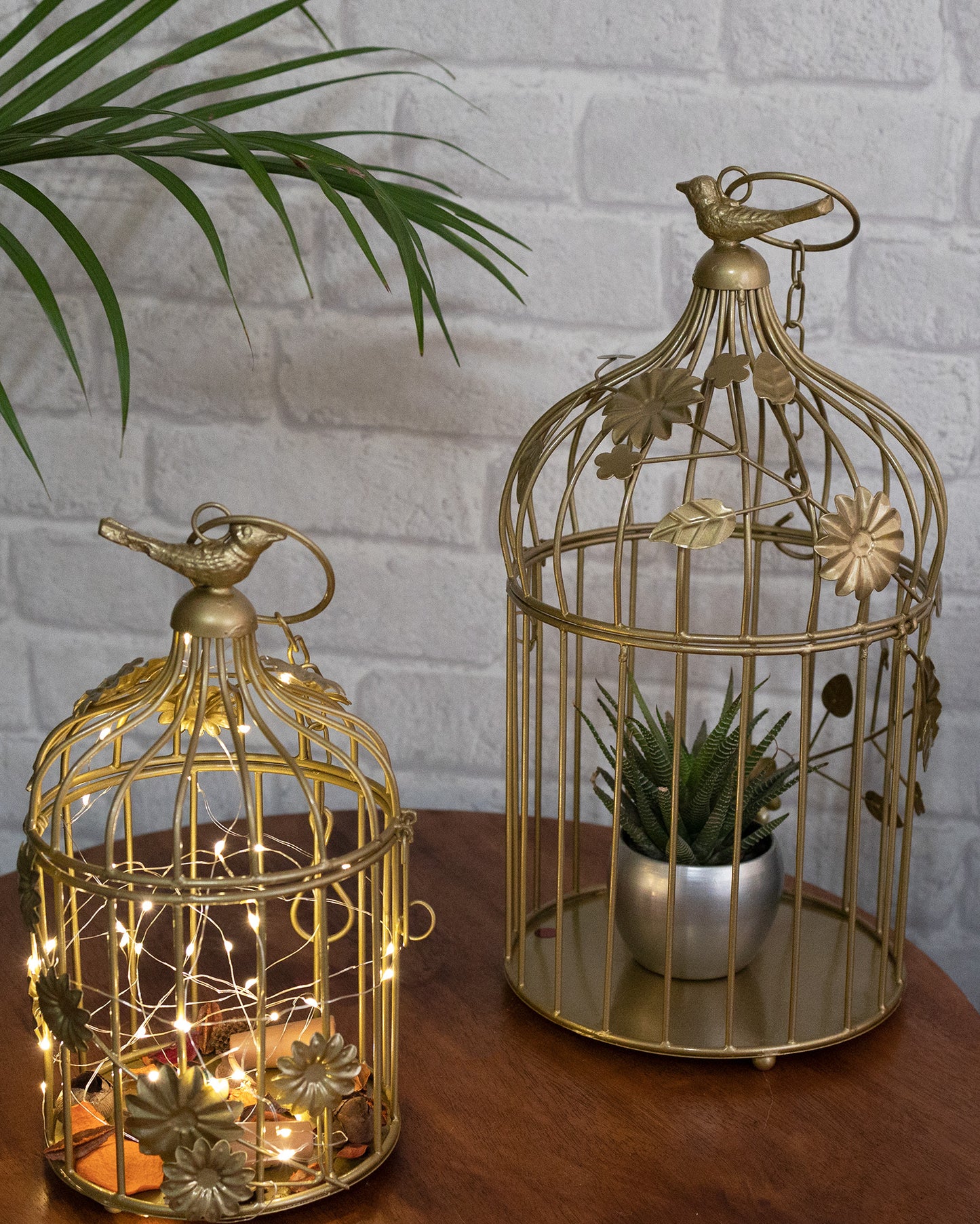 Set of 2 Modern Style Iron Decorative White Bird Cage with Hanging Chain Tabletop or Hanging Tealight Holder Candle Holder with Cork String Light