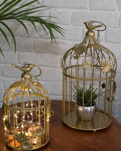 Set of 2 Modern Style Iron Decorative White Bird Cage with Hanging Chain Tabletop or Hanging Tealight Holder Candle Holder with Cork String Light