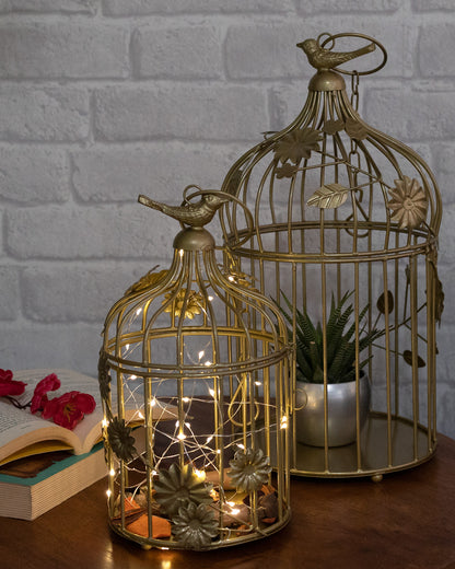 Set of 2 Modern Style Iron Decorative White Bird Cage with Hanging Chain Tabletop or Hanging Tealight Holder Candle Holder with Cork String Light