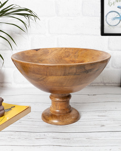 Vintage Wood Bowl with Stand-Natural Wooden Serving Bowl for Salads, Fruits, Popcorn, Pasta