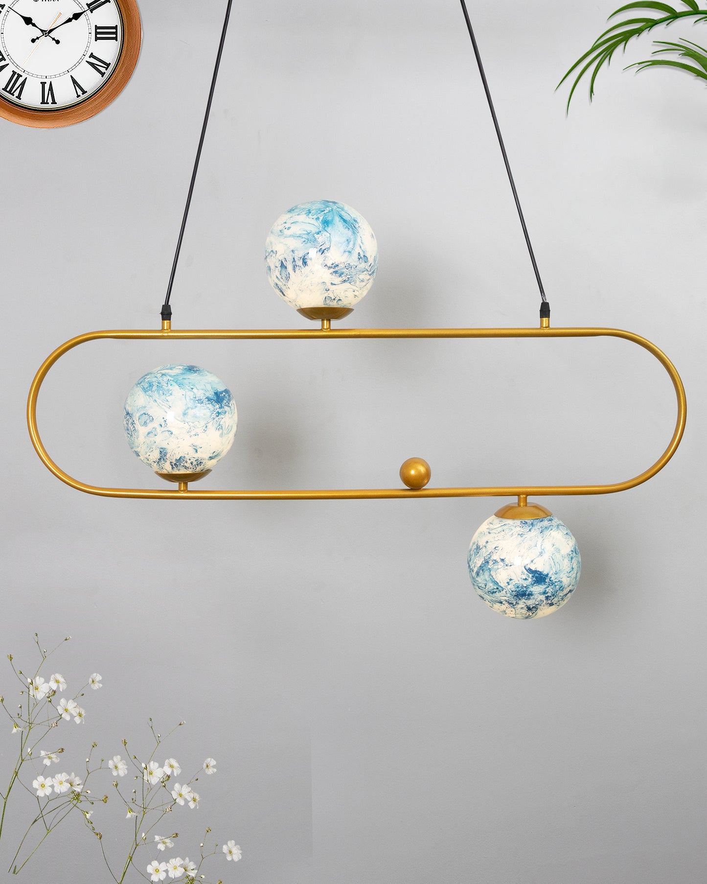April in Paris Golden Oval Chandelier with Frosted Glass, 3 Light Pendant Light
