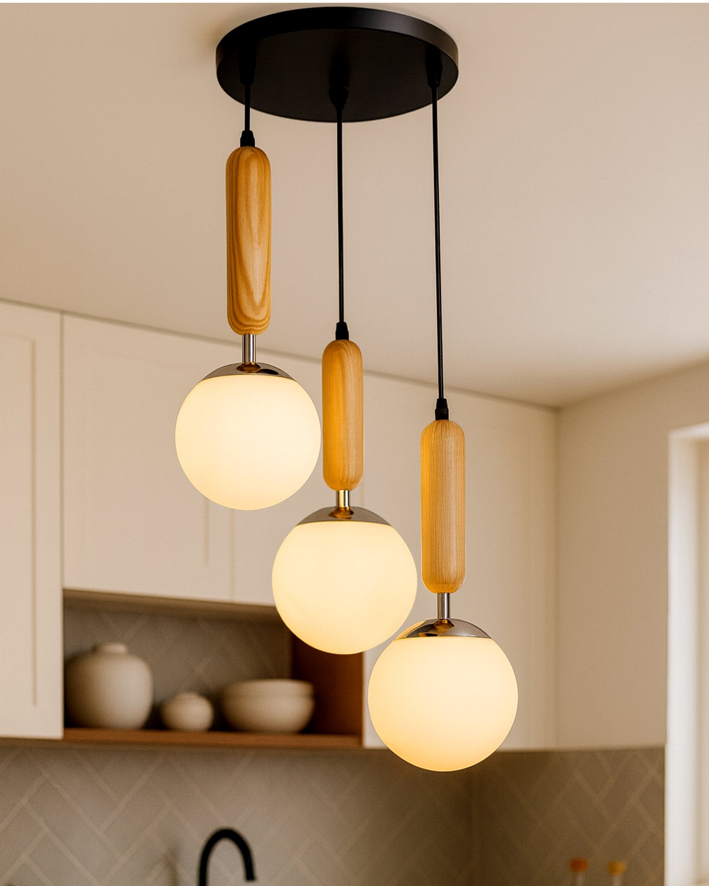 Wooden Chandelier Round Plate hanging light with chrome finish, frosted glass globes