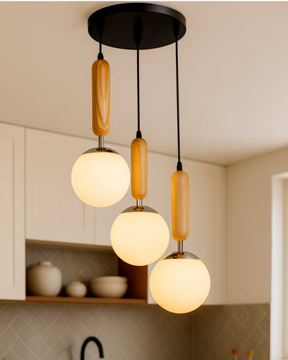 Wooden Chandelier Round Plate hanging light with chrome finish, frosted glass globes