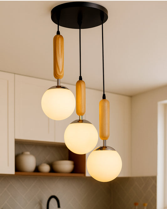 Wooden Chandelier Round Plate hanging light with chrome finish, frosted glass globes