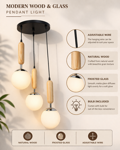 Wooden Chandelier Round Plate hanging light with chrome finish, frosted glass globes