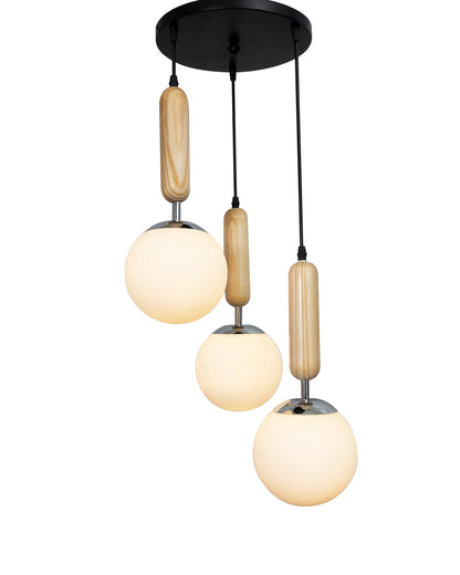 Wooden Chandelier Round Plate hanging light with chrome finish, frosted glass globes