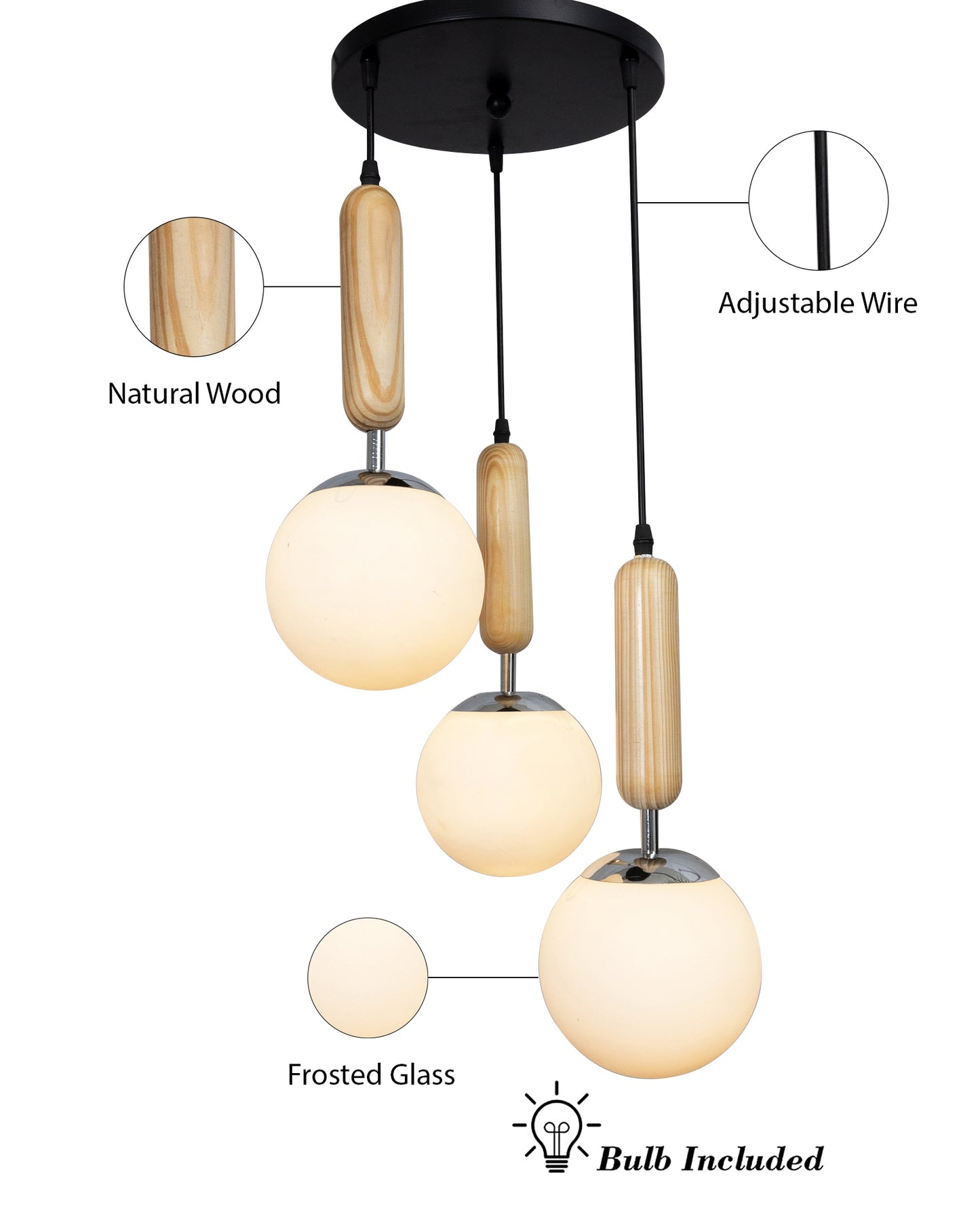 Wooden Chandelier Round Plate hanging light with chrome finish, frosted glass globes