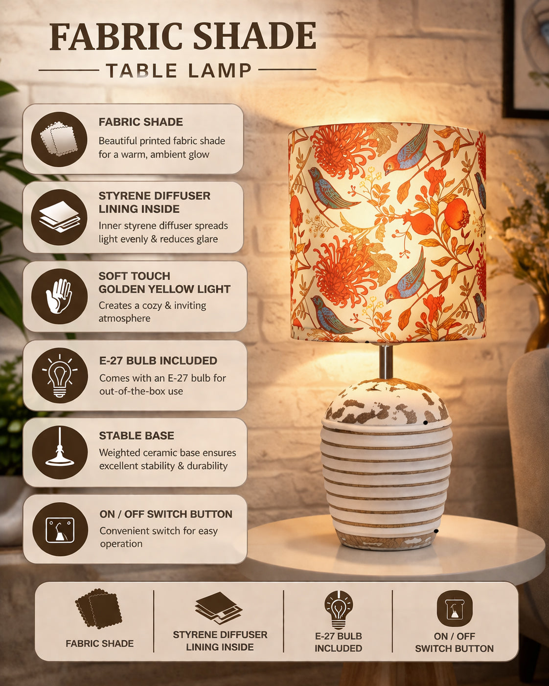 Modern Table Lamp, Wooden Base Modern Fabric Lampshade for Home Office Cafe Restaurant, Ribbed Basket