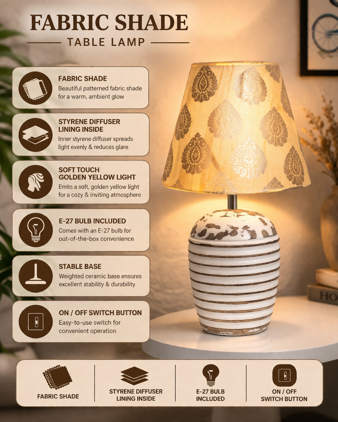 Modern Table Lamp, Wooden Base Modern Fabric Lampshade for Home Office Cafe Restaurant, Ribbed Basket