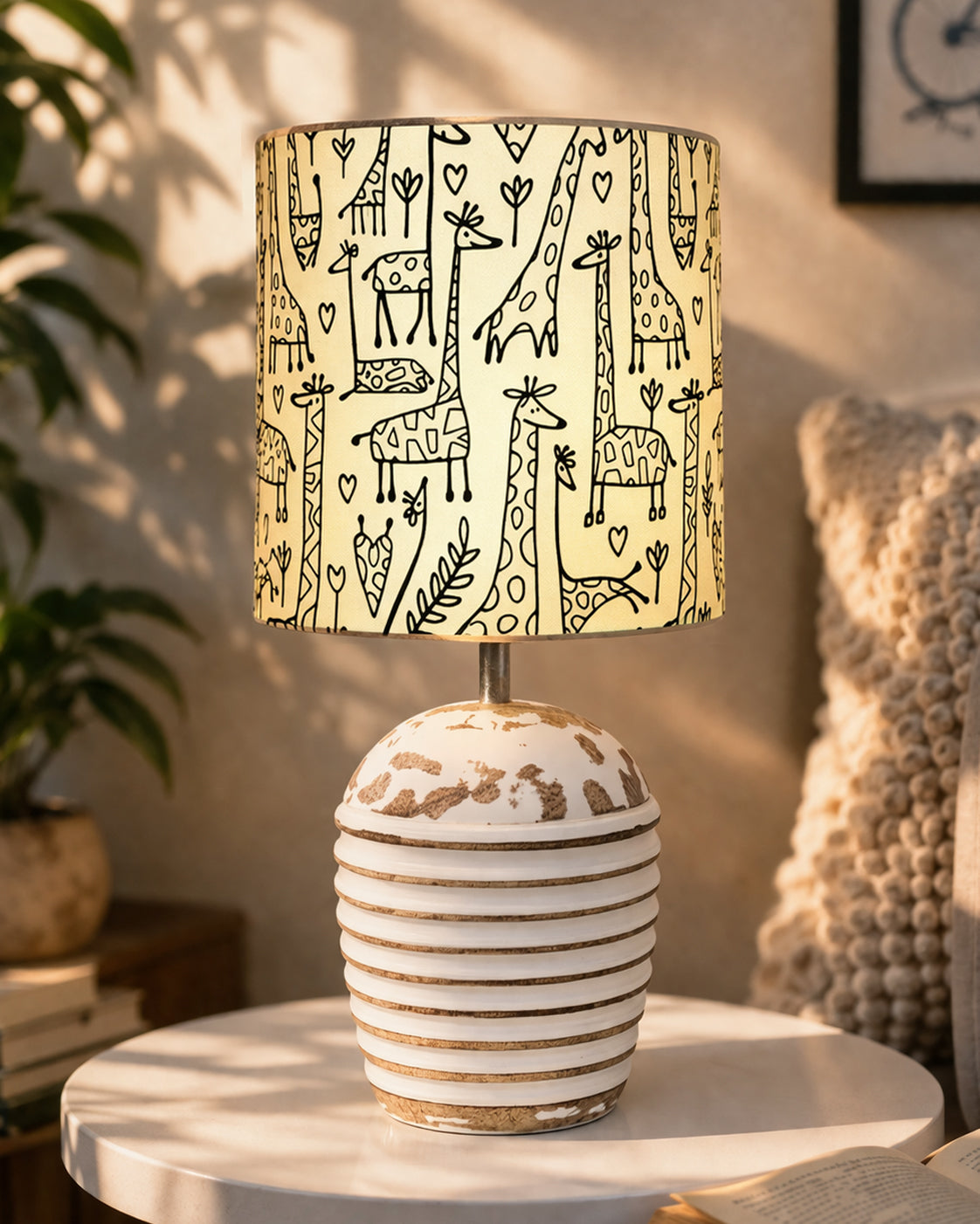 Modern Table Lamp, Wooden Base Modern Fabric Lampshade for Home Office Cafe Restaurant, Ribbed Basket