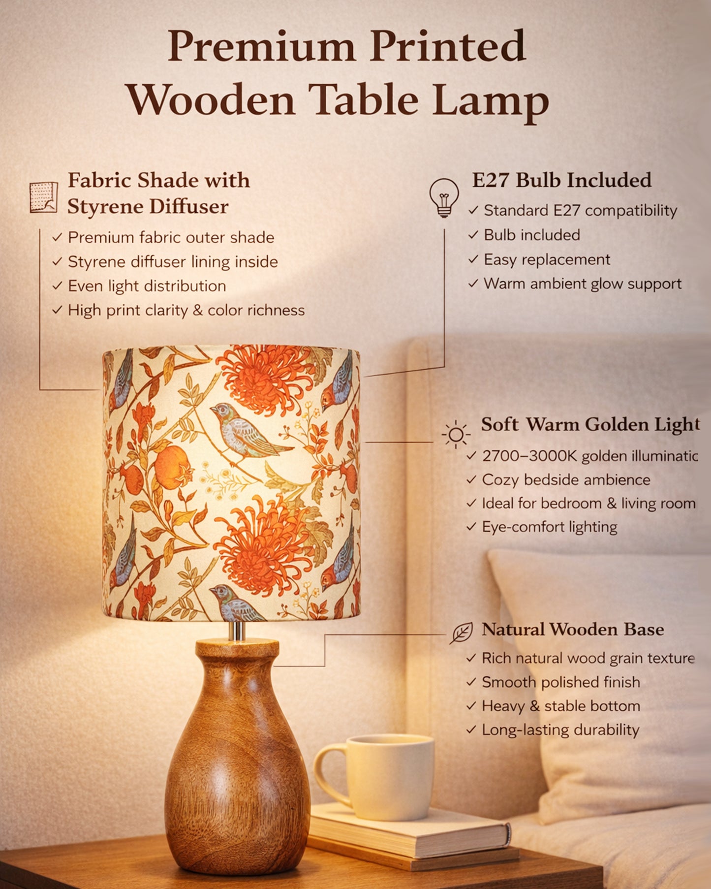 Dovel Pot Modern Table Lamp, Wooden Base Modern Fabric Lampshade for Home Office Cafe Restaurant