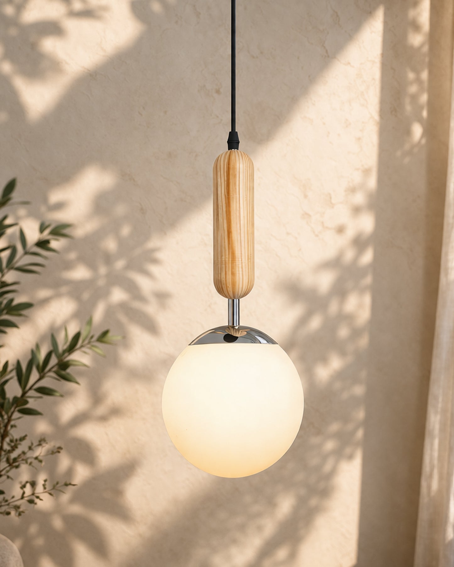 Wood Bullet Lamp with chrome cap Ceiling lamp white frosted glass globe Pack of 1