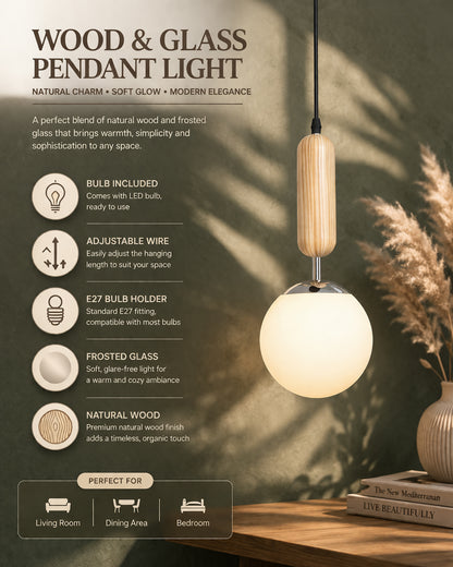 Wood Bullet Lamp with chrome cap Ceiling lamp white frosted glass globe Pack of 1