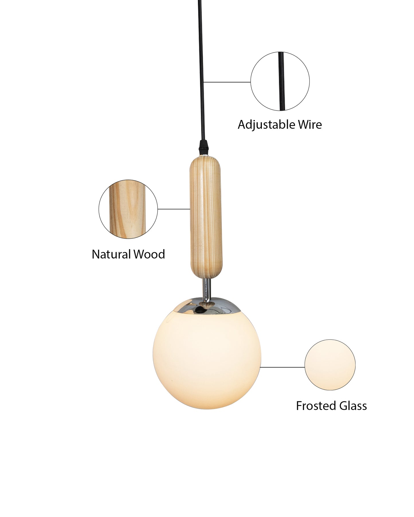 Wood Bullet Lamp with chrome cap Ceiling lamp white frosted glass globe Pack of 1