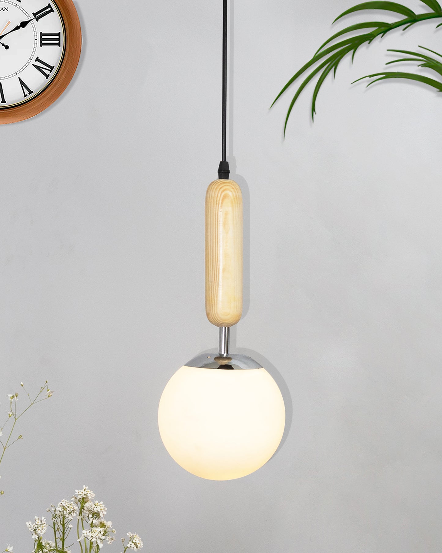 Wood Bullet Lamp with chrome cap Ceiling lamp white frosted glass globe Pack of 1
