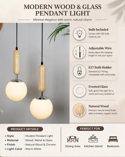 Wood Bullet Lamp with chrome cap Ceiling lamp white frosted glass globe Pack of 1