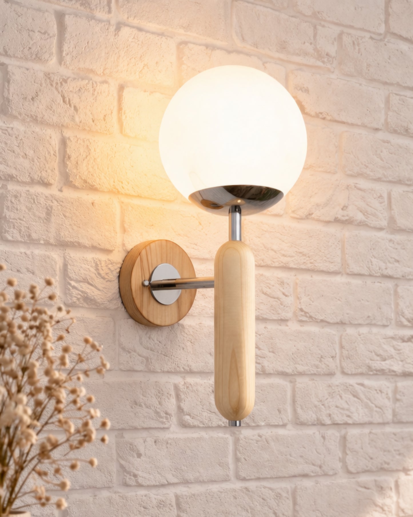 Wood Bullet Wall Lamp with chrome finish, lamp white glass globe