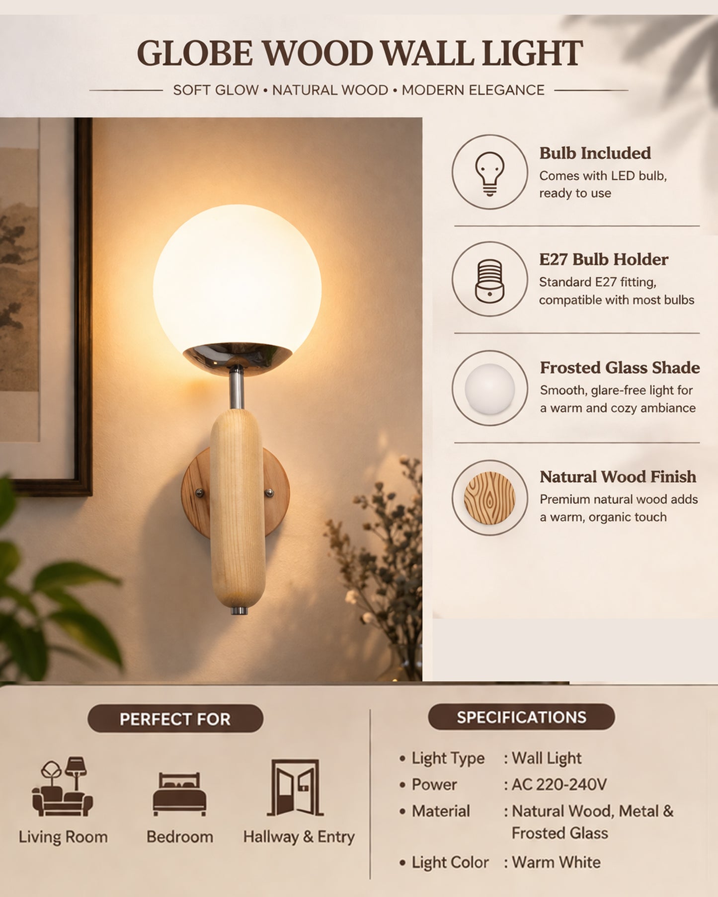 Wood Bullet Wall Lamp with chrome finish, lamp white glass globe