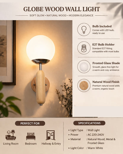 Wood Bullet Wall Lamp with chrome finish, lamp white glass globe
