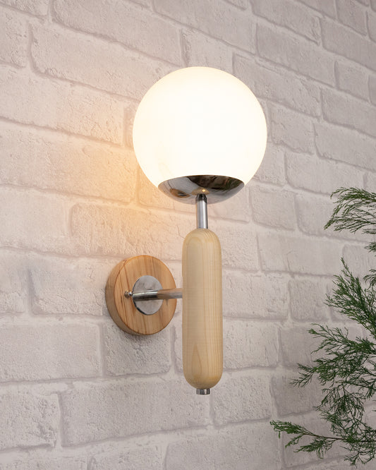 Wood Bullet Wall Lamp with chrome finish, lamp white glass globe