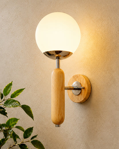 Wood Bullet Wall Lamp with chrome finish, lamp white glass globe