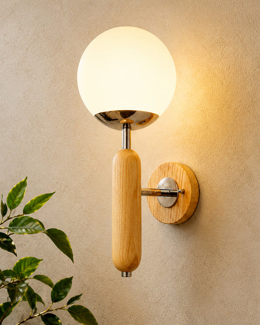 Wood Bullet Wall Lamp with chrome finish, lamp white glass globe