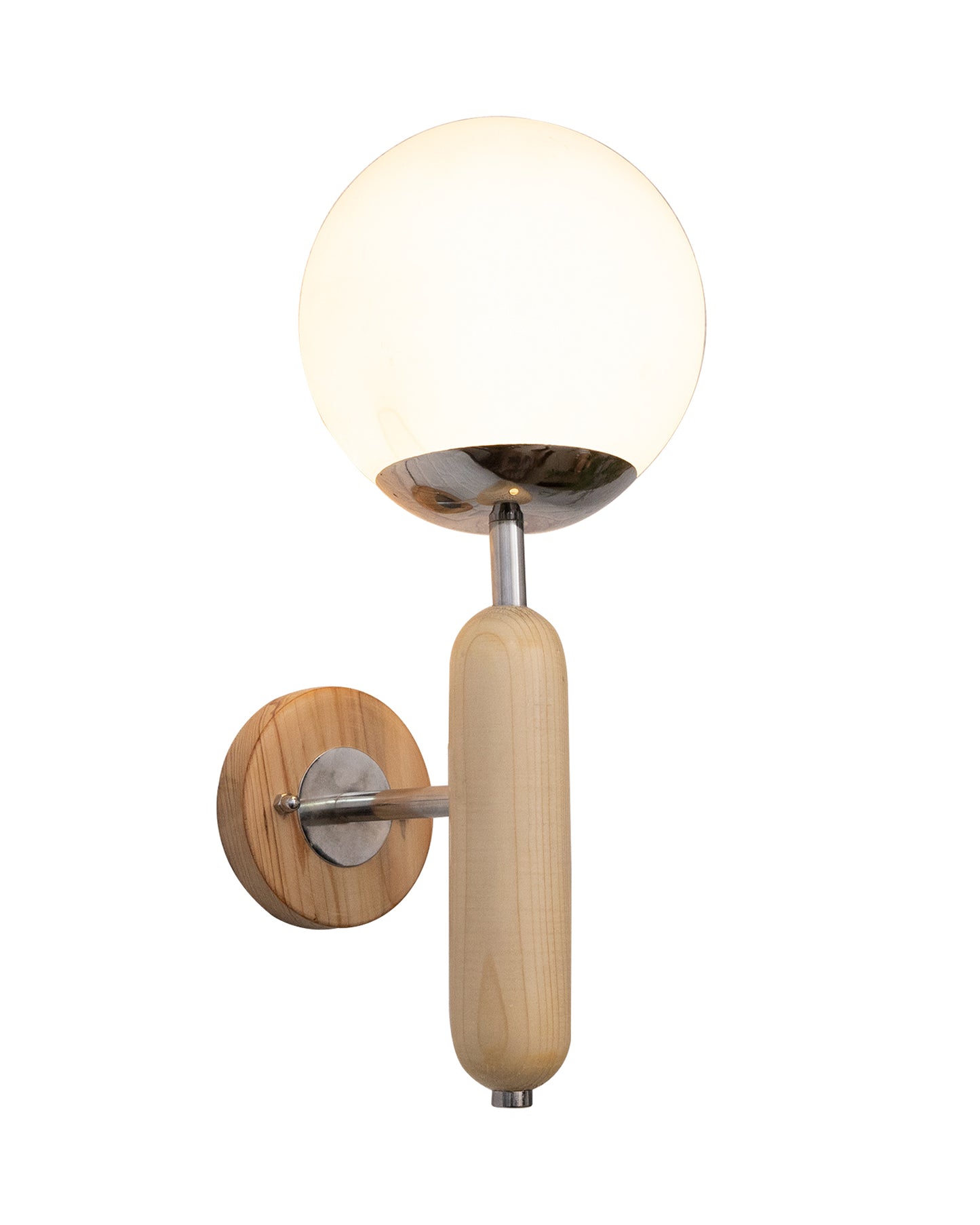 Wood Bullet Wall Lamp with chrome finish, lamp white glass globe