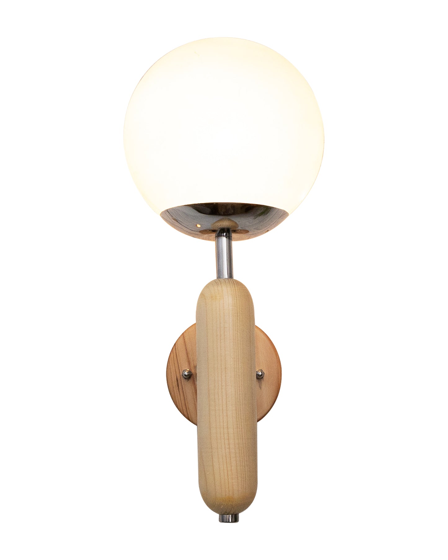 Wood Bullet Wall Lamp with chrome finish, lamp white glass globe