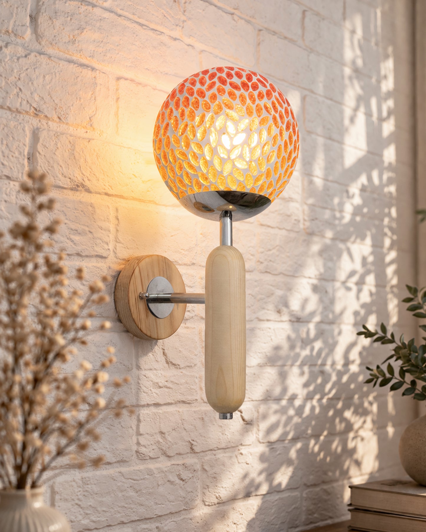 Wood Bullet Wall Lamp with chrome finish, lamp white glass globe