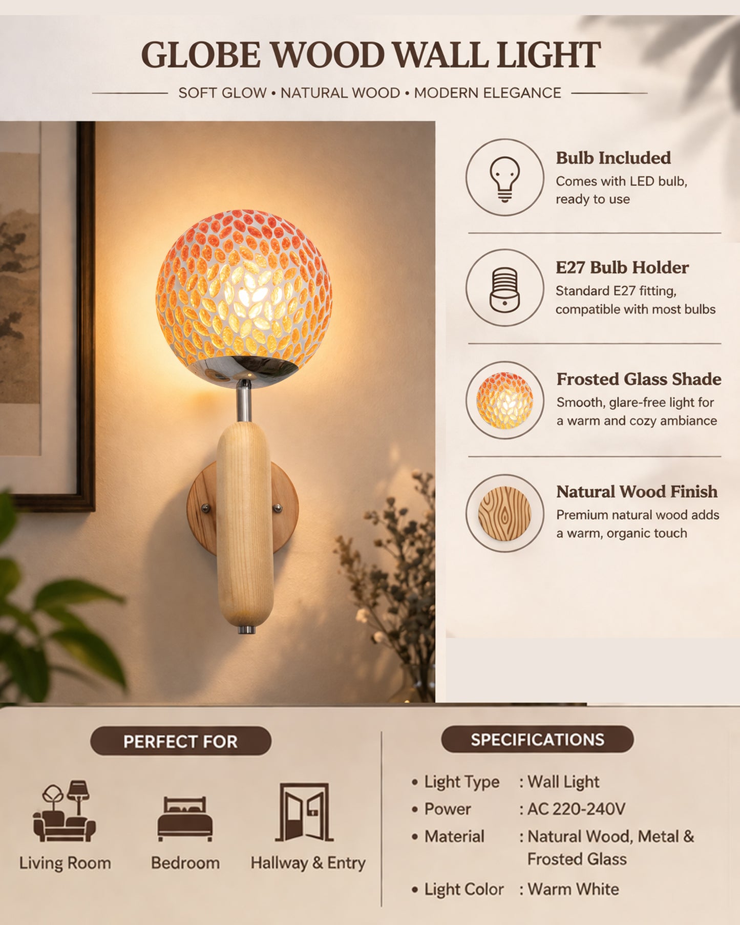 Wood Bullet Wall Lamp with chrome finish, lamp white glass globe