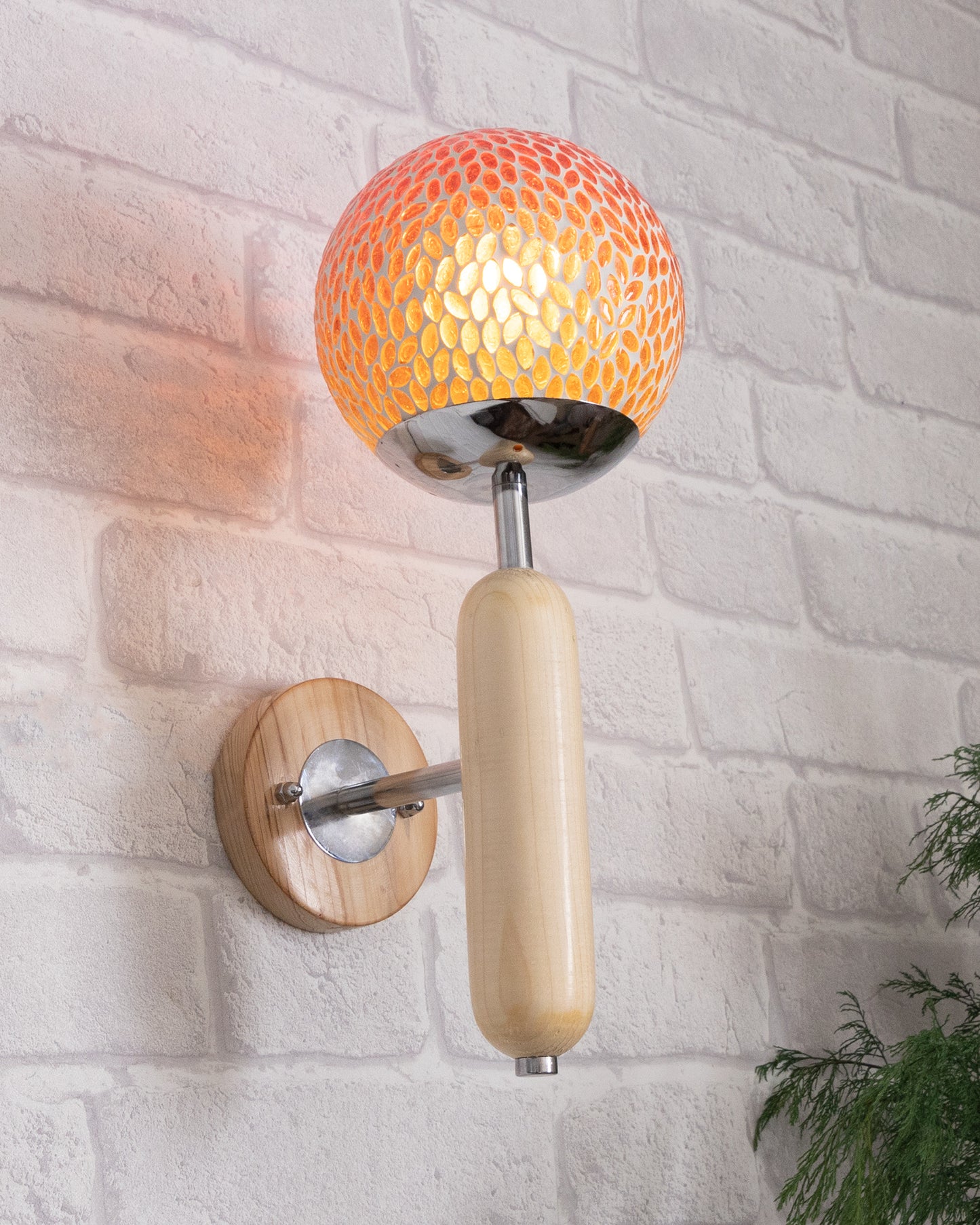 Wood Bullet Wall Lamp with chrome finish, lamp white glass globe