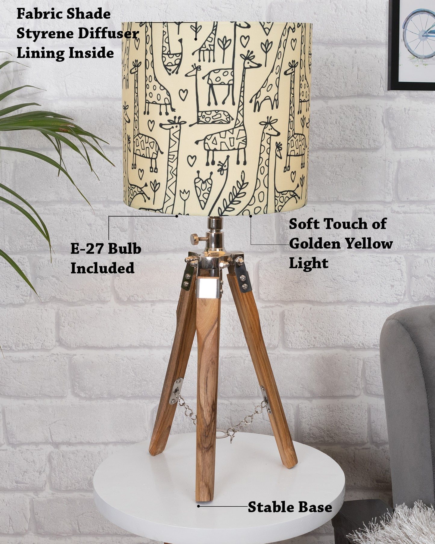 Modern Table Lamp, Wooden Base Modern Fabric Lampshade for Home Office Cafe Restaurant, Tripod