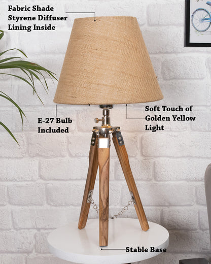 Modern Table Lamp, Wooden Base Modern Fabric Lampshade for Home Office Cafe Restaurant, Tripod