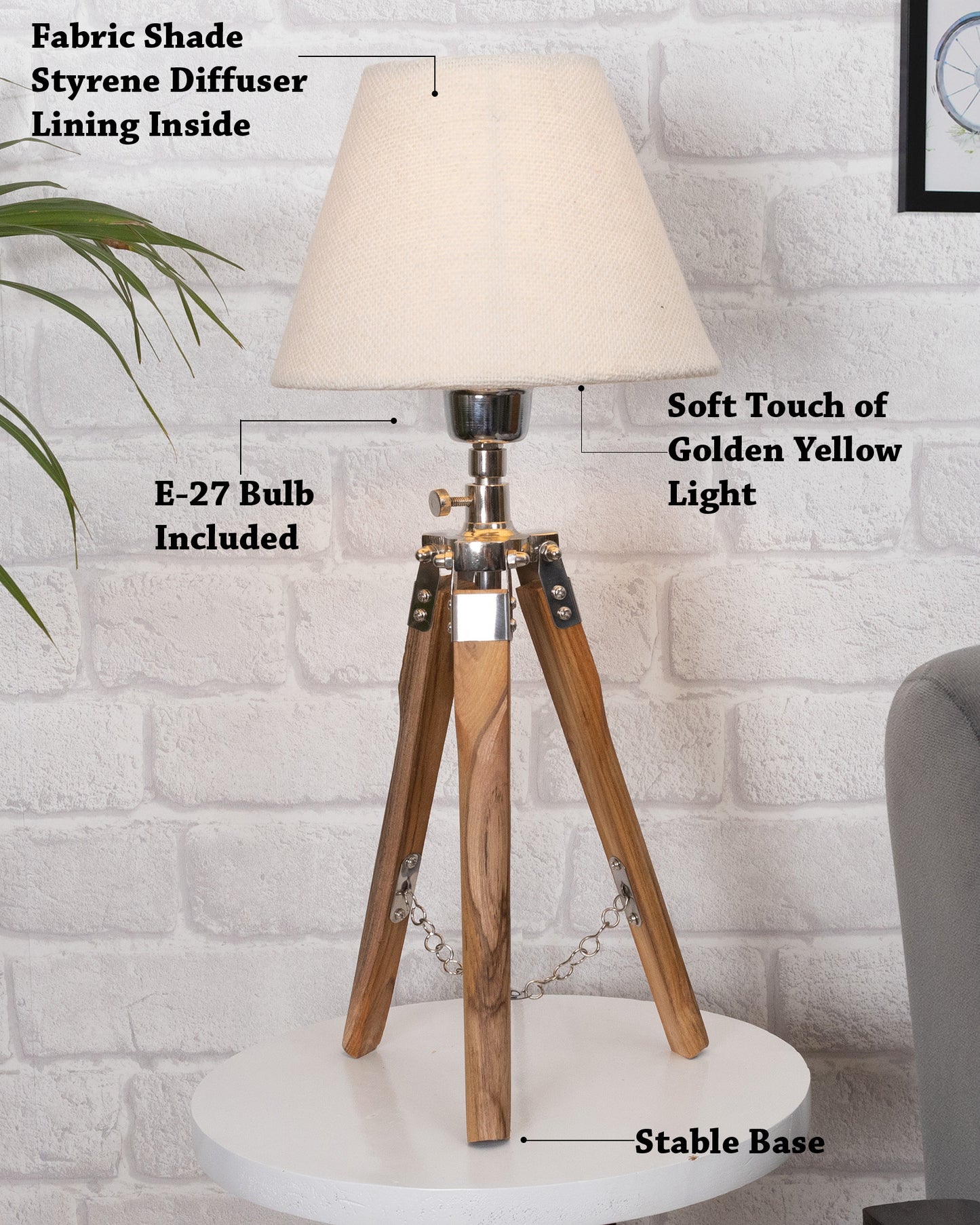 Modern Table Lamp, Wooden Base Modern Fabric Lampshade for Home Office Cafe Restaurant, Tripod