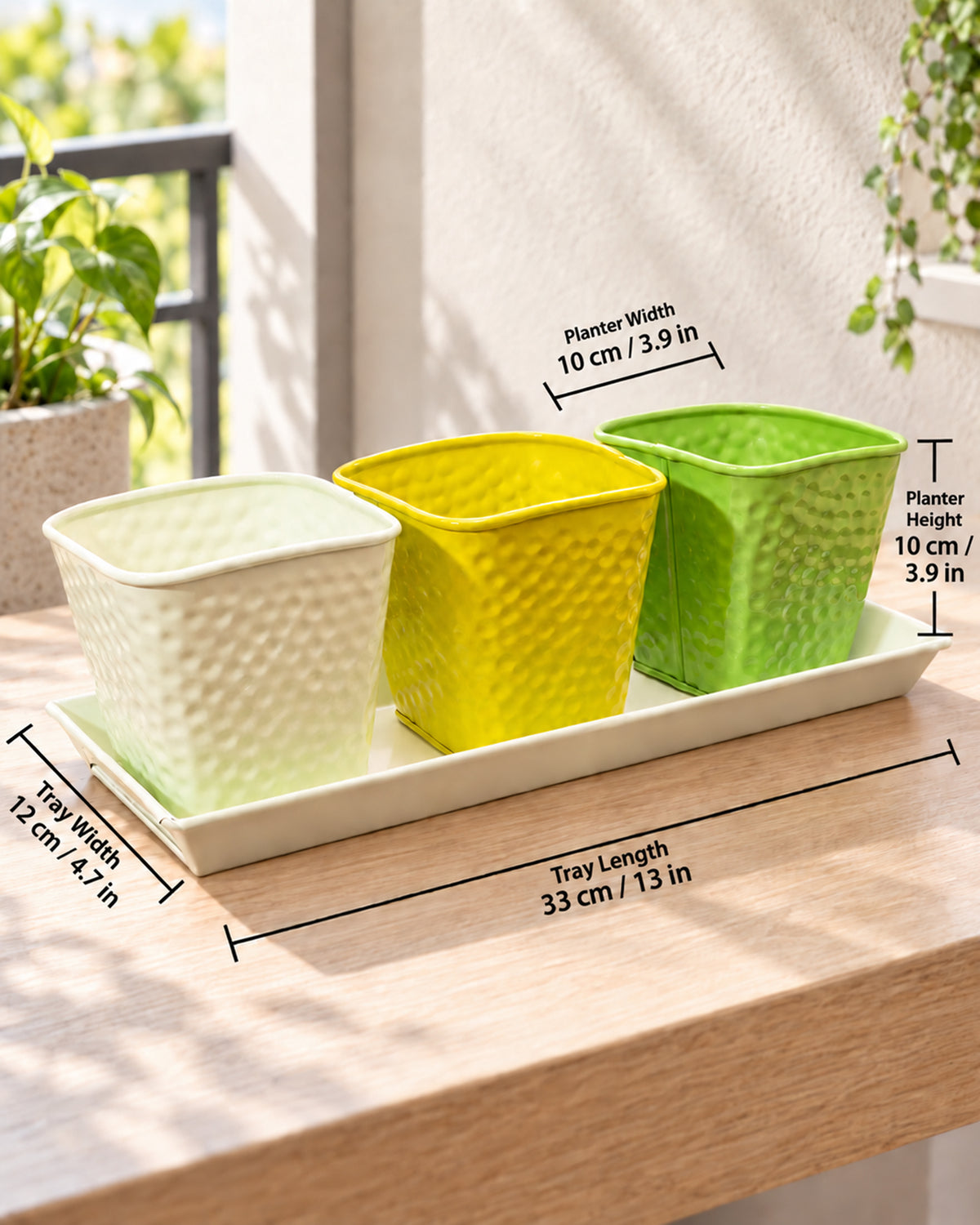 Herb Pot Planter Set with Tray for Indoor Garden or Outdoor Use,Metal Succulent Potted Planters for Kitchen, (Set of 3, 4.25” x 4” Planters on 12.5” x 4" Tray)