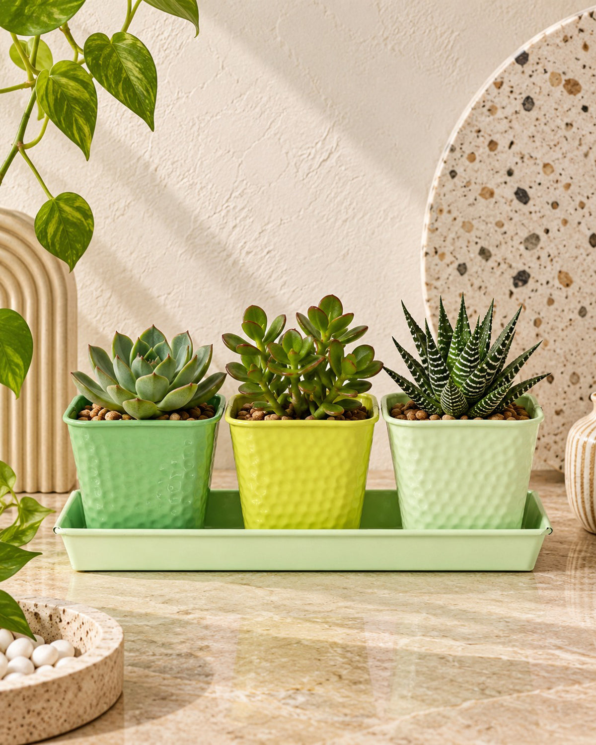Herb Pot Planter Set with Tray for Indoor Garden or Outdoor Use,Metal Succulent Potted Planters for Kitchen, (Set of 3, 4.25” x 4” Planters on 12.5” x 4" Tray)