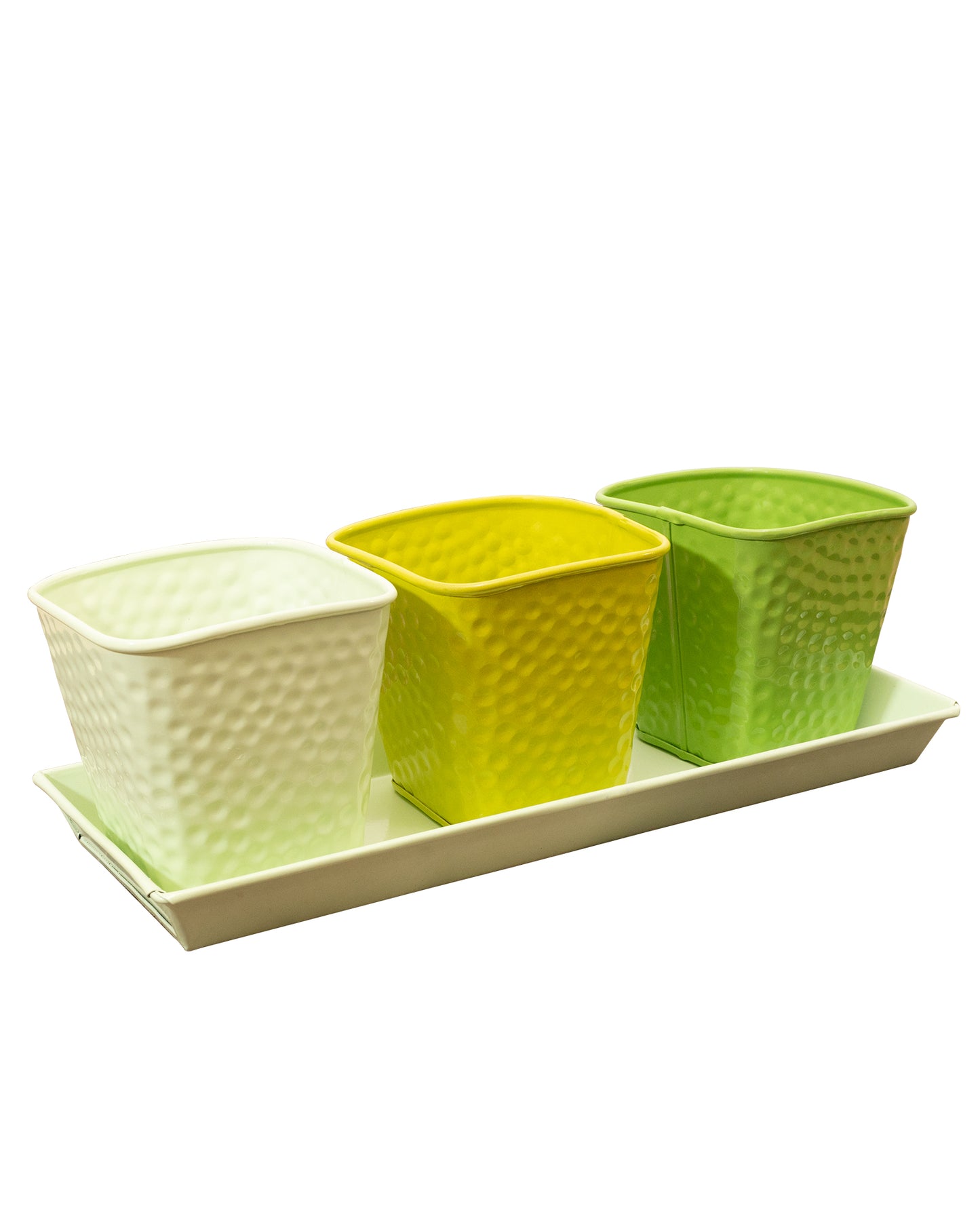 Herb Pot Planter Set with Tray for Indoor Garden or Outdoor Use,Metal Succulent Potted Planters for Kitchen, (Set of 3, 4.25” x 4” Planters on 12.5” x 4" Tray)