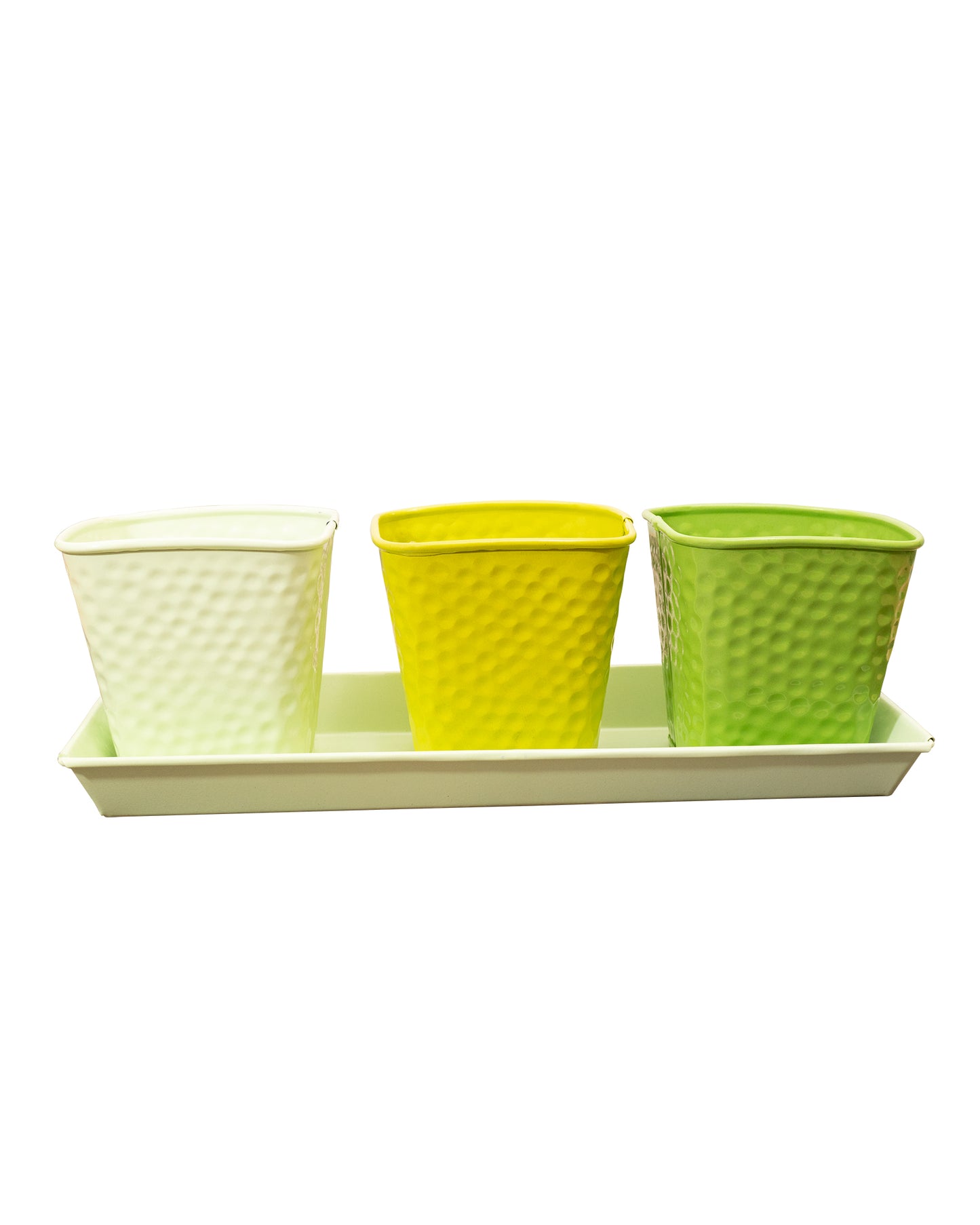 Herb Pot Planter Set with Tray for Indoor Garden or Outdoor Use,Metal Succulent Potted Planters for Kitchen, (Set of 3, 4.25” x 4” Planters on 12.5” x 4" Tray)