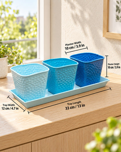 Herb Pot Planter Set with Tray for Indoor Garden or Outdoor Use,Metal Succulent Potted Planters for Kitchen, (Set of 3, 4.25” x 4” Planters on 12.5” x 4" Tray)