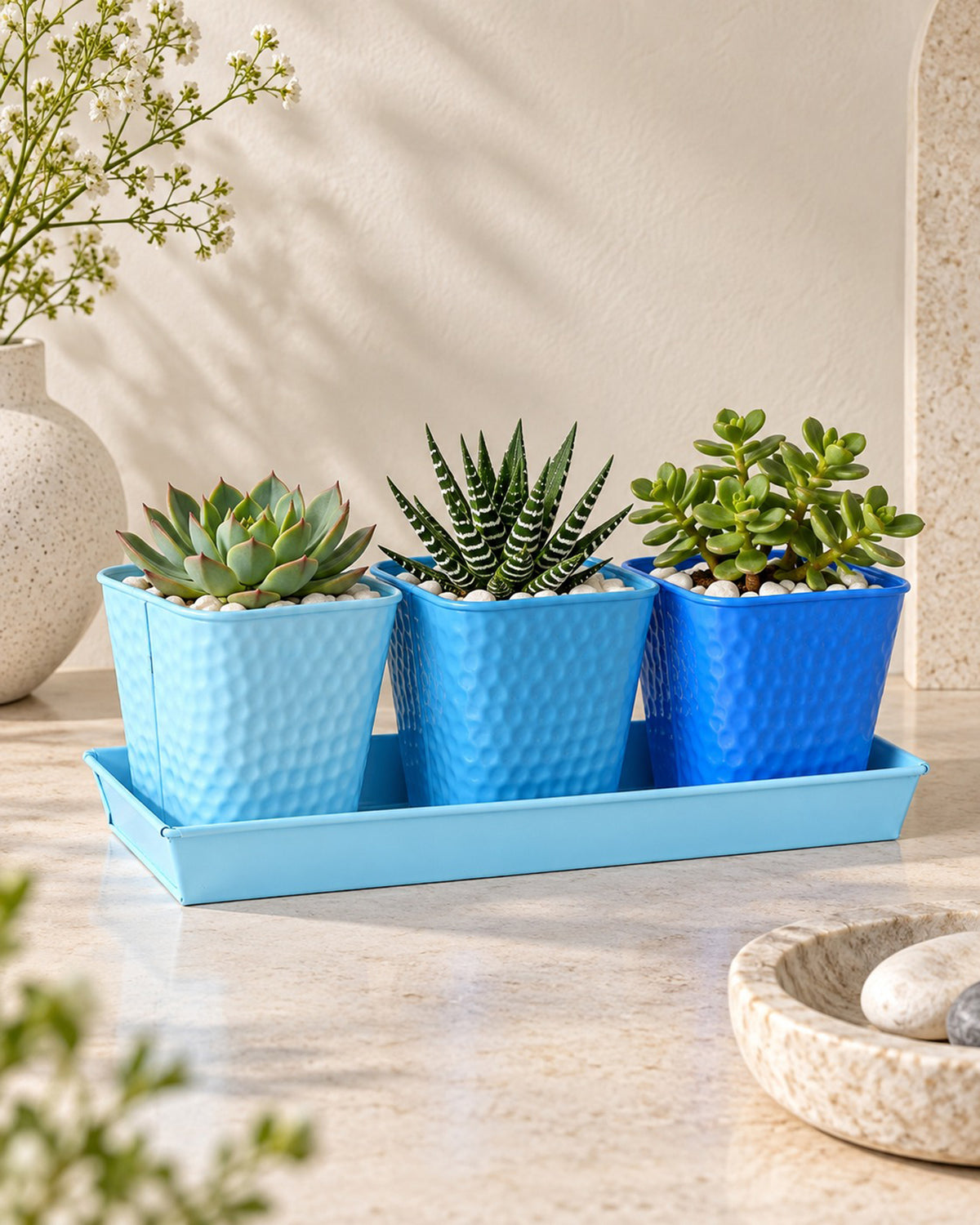 Herb Pot Planter Set with Tray for Indoor Garden or Outdoor Use,Metal Succulent Potted Planters for Kitchen, (Set of 3, 4.25” x 4” Planters on 12.5” x 4" Tray)