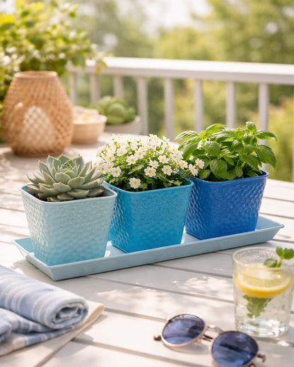 Herb Pot Planter Set with Tray for Indoor Garden or Outdoor Use,Metal Succulent Potted Planters for Kitchen, (Set of 3, 4.25” x 4” Planters on 12.5” x 4" Tray)