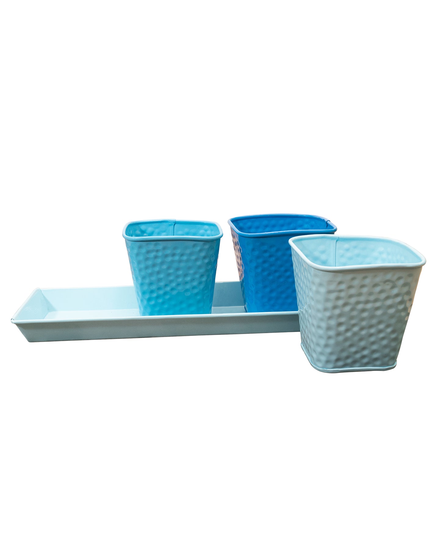 Herb Pot Planter Set with Tray for Indoor Garden or Outdoor Use,Metal Succulent Potted Planters for Kitchen, (Set of 3, 4.25” x 4” Planters on 12.5” x 4" Tray)