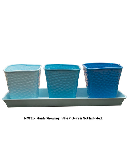 Herb Pot Planter Set with Tray for Indoor Garden or Outdoor Use,Metal Succulent Potted Planters for Kitchen, (Set of 3, 4.25” x 4” Planters on 12.5” x 4" Tray)