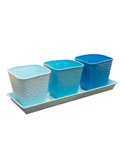 Herb Pot Planter Set with Tray for Indoor Garden or Outdoor Use,Metal Succulent Potted Planters for Kitchen, (Set of 3, 4.25” x 4” Planters on 12.5” x 4" Tray)