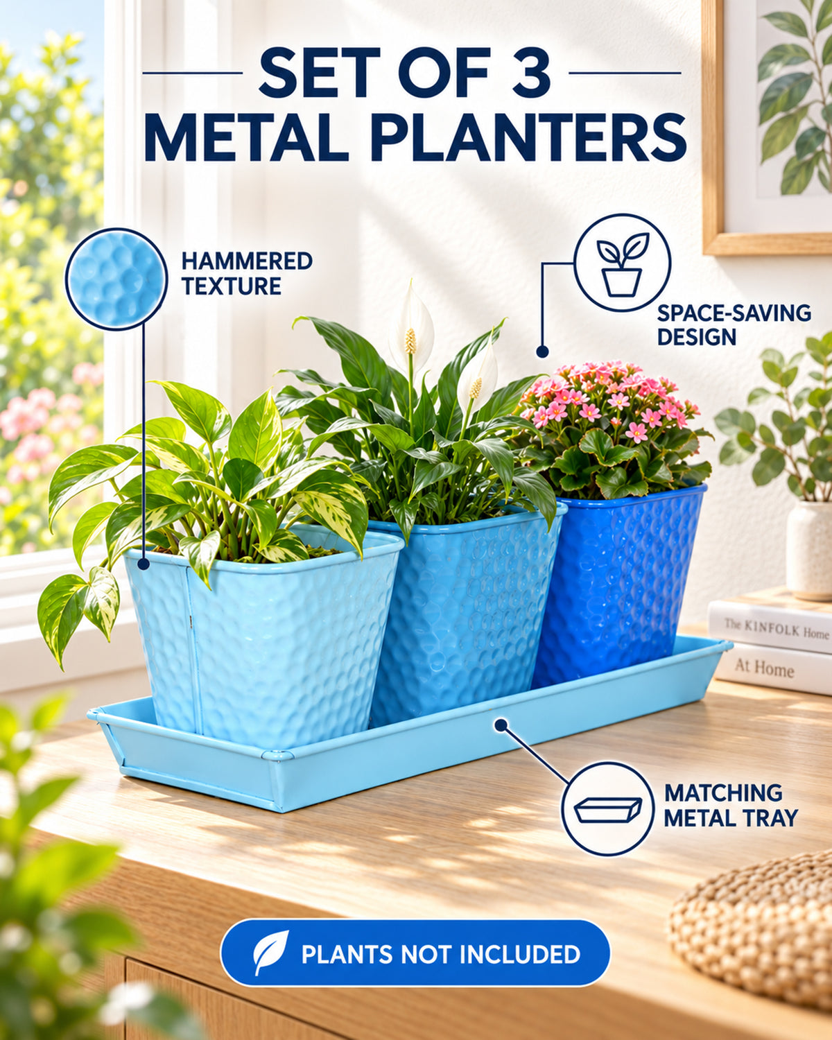Herb Pot Planter Set with Tray for Indoor Garden or Outdoor Use,Metal Succulent Potted Planters for Kitchen, (Set of 3, 4.25” x 4” Planters on 12.5” x 4" Tray)