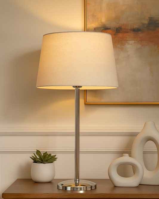 Gray Chrome 16" Suave Table Lamp with Fabric Shade, Bedside Light