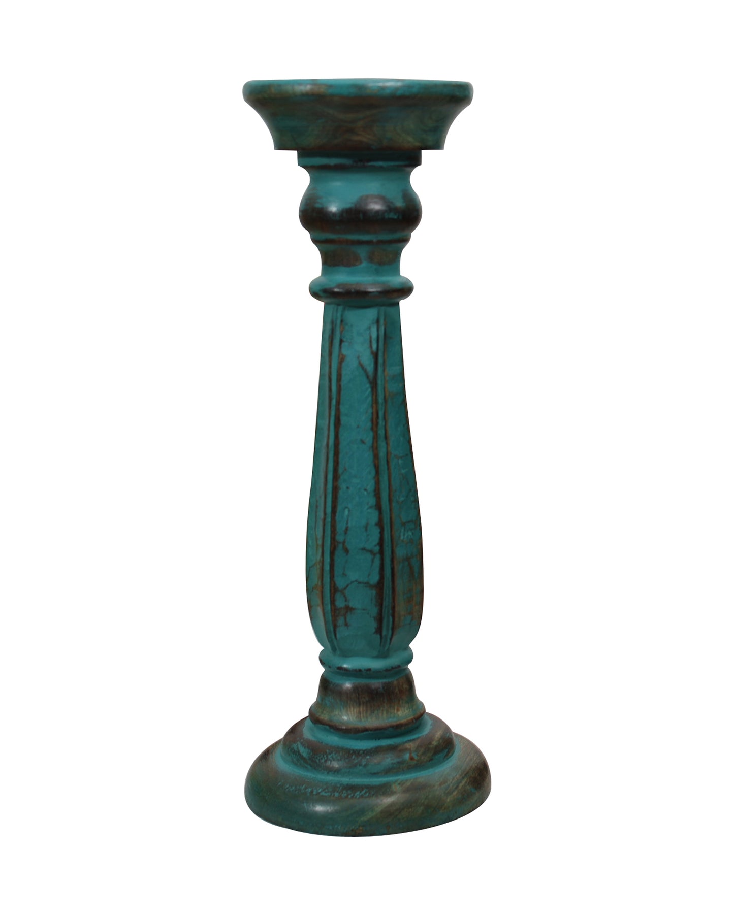 Wooden Pillar Candle Stand, Hand Crafted Wood Candle Holders for Living Room, Table Centerpiece, Hallway Decor Polish, Turquoise