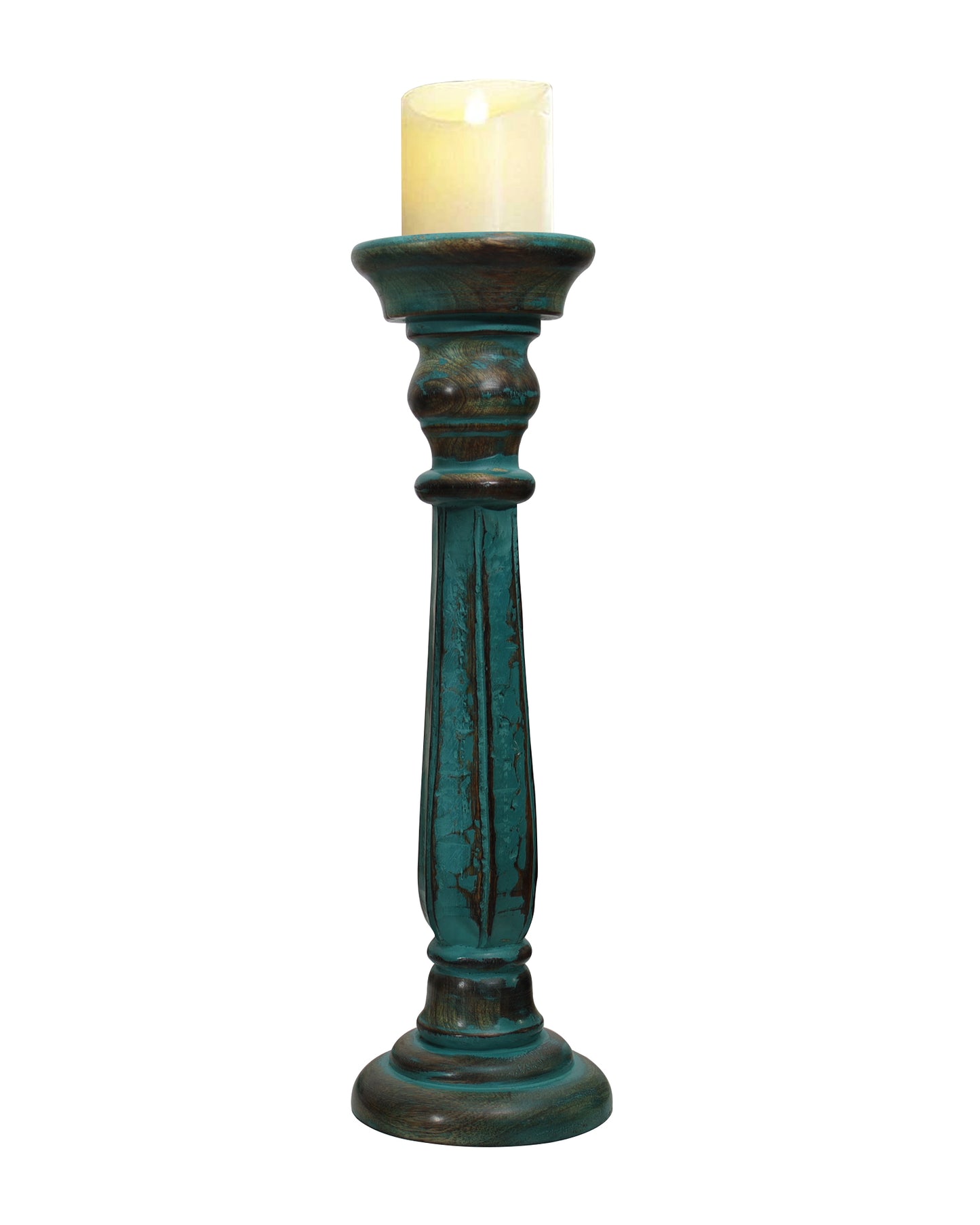 Wooden Pillar Candle Stand, Hand Crafted Wood Candle Holders for Living Room, Table Centerpiece, Hallway Decor Polish, Turquoise